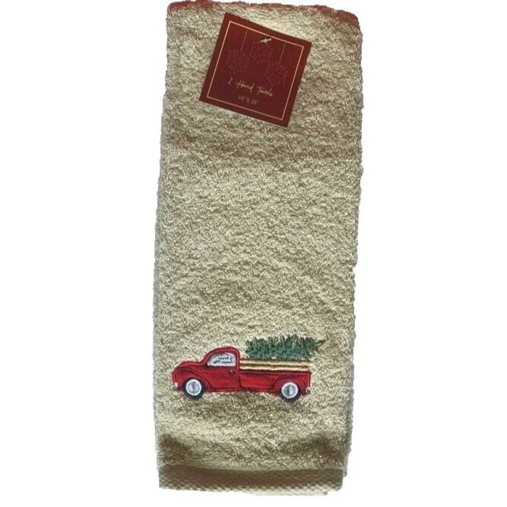 Christmas Tree Red Farm Truck Hand Towels Embroidered Bathroom 16x28 Set of 2